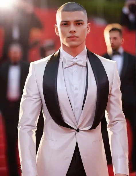 araffe dressed in a white tuxedo and black bow tie, white suit and black tie, wearing a white tuxedo, wearing a tuxedo, wearing tuxedo, tuxedo, in his suit, handsome and elegant, wearing white suit, suit ， perfect face, intricate suit, luxurious suit, whit...