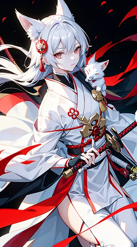 An anime character with white hair and wearing red and black costume is holding a sword, onmyoji detailed art, Onmyoji, portrait onmyoji, from arknights, fox nobushi holding a naginata, fox nobushi, white haired god, White-haired fox, a beautiful kitsune w...