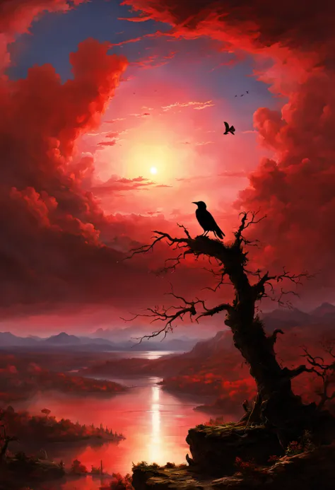 thomas cole style、silhouette of a crow floating in the red aurora、fantastic sky、natta、top-quality、masterpiece、hight resolution、b...