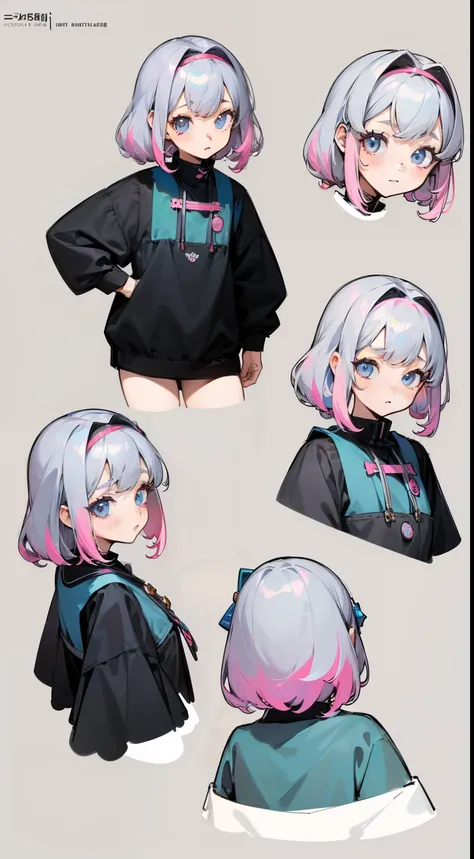 ((master piece)),(((best quality))),(Character design sheet, Same character, front, side, back), illustration, 1 girl, Multiple hair color, side bangs, scenery changing environment, Fax hairstyle, Zitai Pose, &quot;Woman, modern harajuku fashion, Style, st...