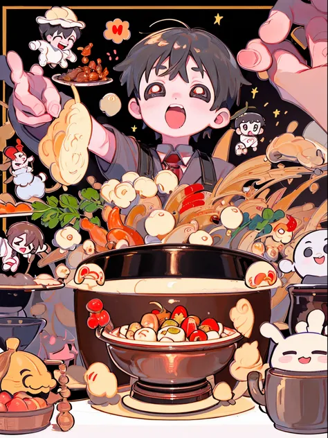 tmasterpiece, Best quality at best, The content is very detailed, detailedbackground, Detailed faces, 1 boy，Eat Sichuan hot pot，Exaggerated big mouth，Close her eyes，Copper pan，hot pot，Chongqing，sichuan，Copper pan，chili pepper，lamb slices，verdure，Enoki mush...