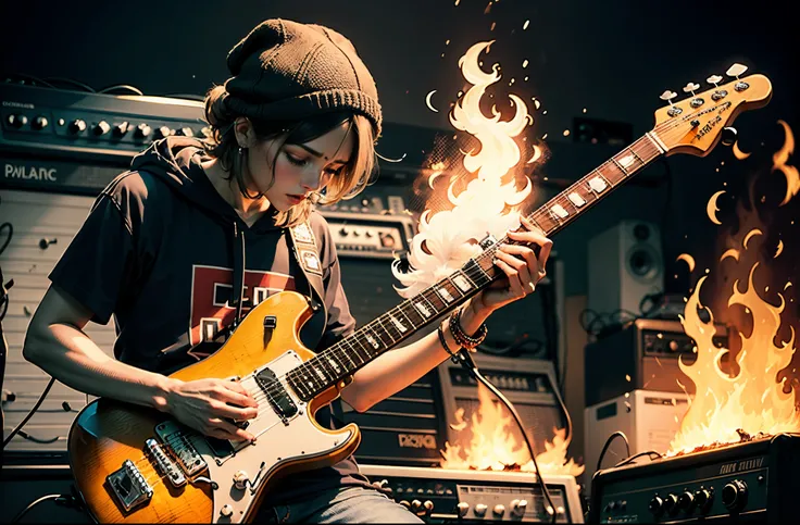 an electric guitar on fire