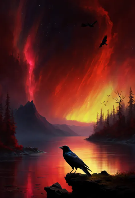 thomas cole style、silhouette of a crow floating in the red aurora、(red aurora borealis:1.2), fantastic sky、(natta:1.6)、top-quali...