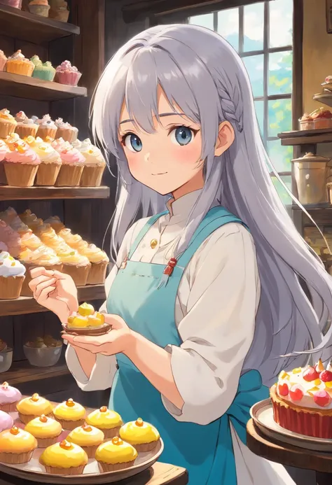 long hair , Beautiful girl, nice body, unparalleled beauty, silver hair, Enjoy handmade sweets, Enjoy handmade sweets and cakes at an old folk house-style cafe