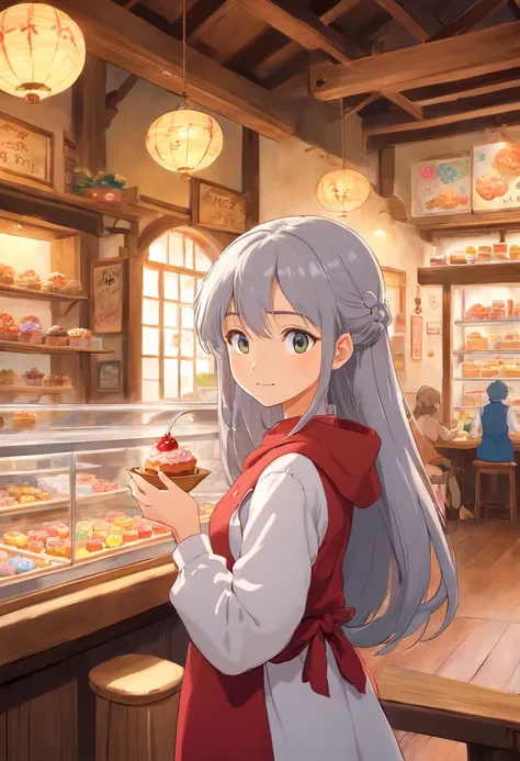 long hair , Beautiful girl, nice body, unparalleled beauty, silver hair, Enjoy handmade sweets, Enjoy handmade sweets and cakes at an old folk house-style cafe