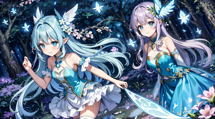 Dynamic Angle、 within a magical forest, a mystical fairy girl emerges, Light blue long hair、As for the hairstyle。Twin-tailed、adorable smiling、Moonlight twinkle. Her skirt, woven from petals and stardust, shimmers with an iridescent glow,  Flowering trees々W...