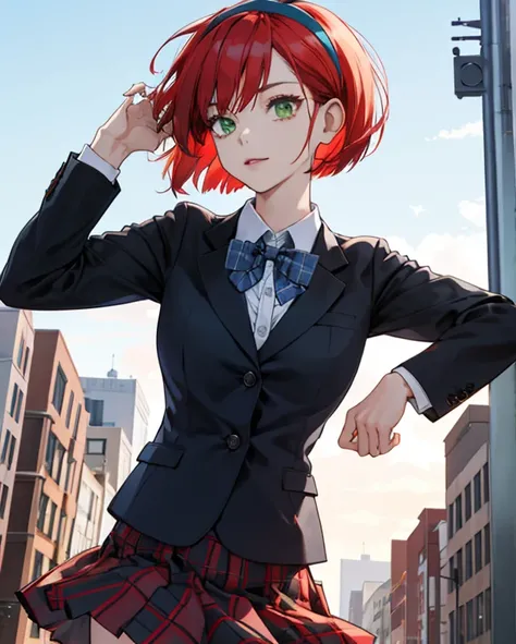 red short bob girl, Green eyes, Colossal tits,Black Blazer School Uniform,Light blue bow tie on the chest,plaid skirts,Hair band on the head,The background is only a blue sky