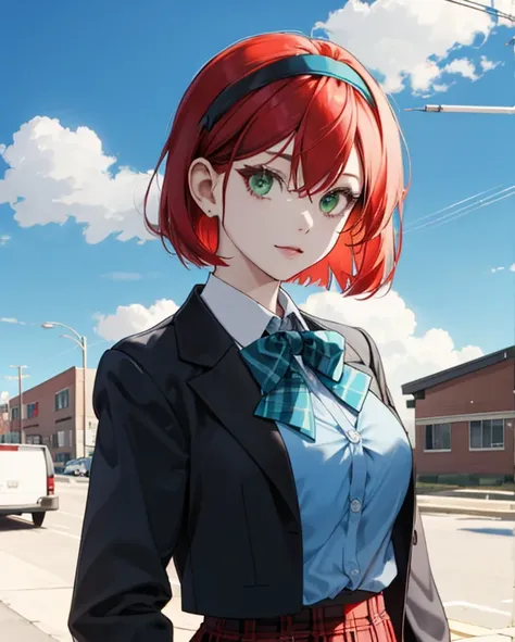 red short bob girl, Green eyes, Colossal tits,Black Blazer School Uniform,Light blue bow tie on the chest,plaid skirts,Hair band on the head,The background is only a blue sky