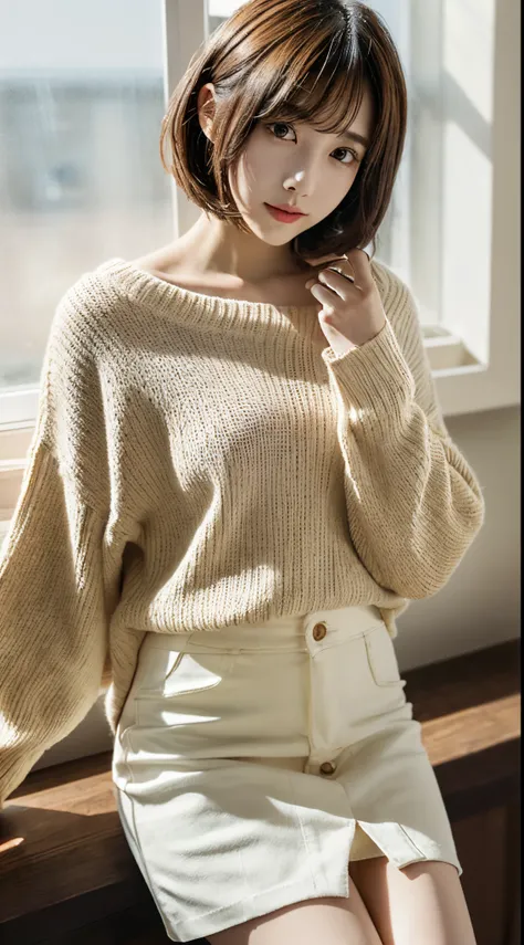 girl with,kawaii,slenderbody,An ultra-high picture quality,Short Bob Hair Wolf Cut,Brown hair,Ultra-delicate images,8K,masutepiece,dishevled hair,Beautiful face,((White High Neck Sweater)),((Mini Jeans Skirt)),Photo from the waist up,