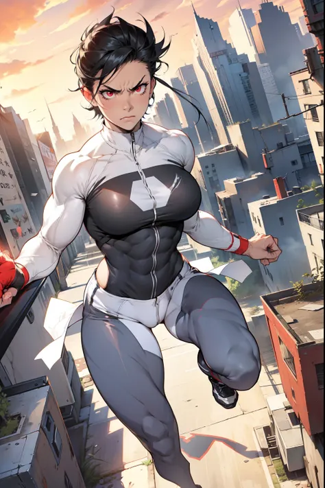 (muscular, thick thighs, huge breasts, tight clothes, toned body, 1 girl), short black hair, pale skin, red eyes, angry, solo tight shirt tight pants