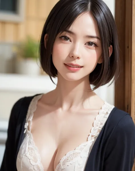 (​masterpiece, top-quality、Very attractive adult beauty、Add intense highlights to the eyes、Look firmly at the camera),1girl in, 独奏, Bangs brunette short bob hair, scarf,realisitic, looking at the viewers, brown eyes of light color、coat, Winter clothes, Whi...