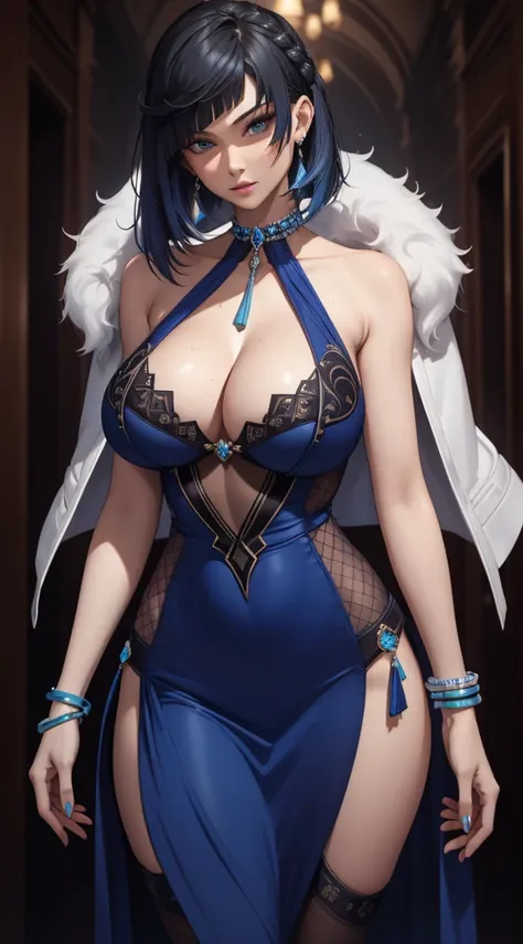 Best quality, masterpiece, realistic, Beautiful sexy cool tall, slim, fit woman, wearing sexy short fancy silver-blue sequin party dress, intricate and highly detailed, big breasts, deep cleavage, bob black hair, body chain, jewelry.