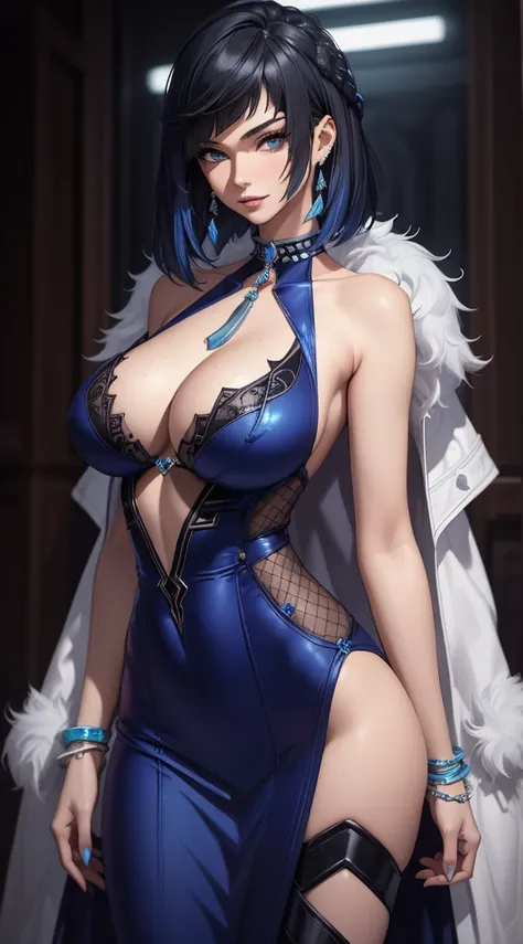 Best quality, masterpiece, realistic, Beautiful sexy cool tall, slim, fit woman, wearing sexy short fancy silver-blue sequin party dress, intricate and highly detailed, big breasts, deep cleavage, bob black hair, body chain, jewelry.