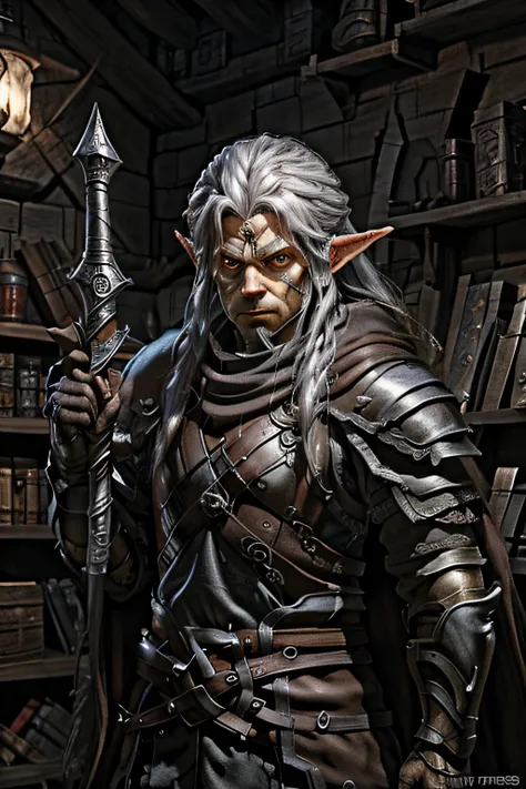 wearing leather armor、Male dwarf holding sword, magic rune, magic tattoo on face, gnome, gnome, short,Middle age,pointy ears,Long ears, RPG character art, RPG character concept art, Illustration concept art, Great character design, rpg concept art characte...