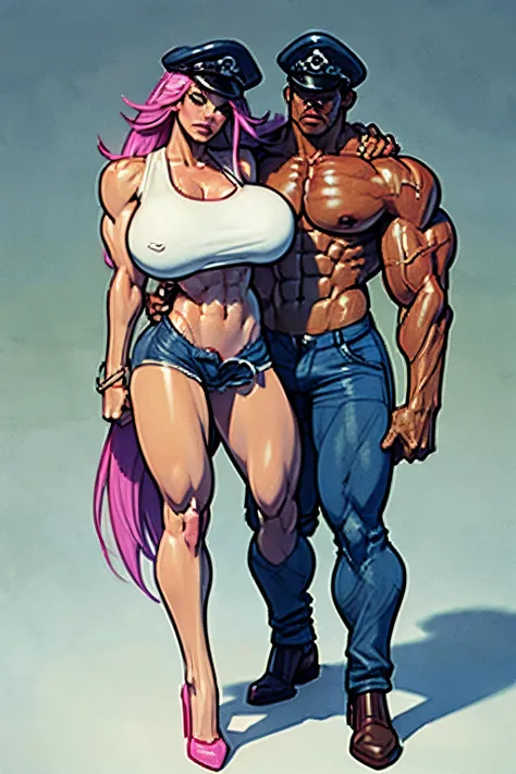 Final fight, ((Poison)) from street fighter,(big breast:1.5),dynamic poses, pink hair, wide chest,big chest, ((white tank top)), denim shorts, police cap, super perfect body curve,S-shaped body,waifu (18 years old)-hot daddy-frivolity-body language, fit fi...