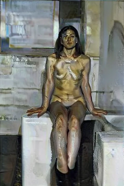 Lucian Freud style, oil painting, direct painting, realism, Chinese woman, (white skin), black panties, black stockings, side sitting pose, full body, modern building, hotel, next to the bathtub, flash, extremely thin, looking directly lens, young