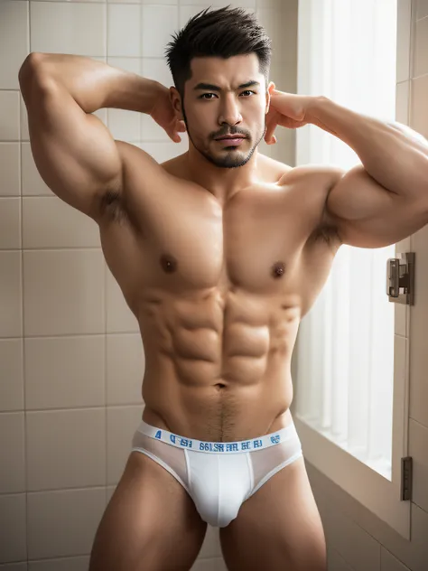 tmasterpiece, Best quality, Kiss the nipple,Handsome Asian man with stubble,Short hair details、Handsome Asian muscular man with stubble, bathroom bodybuilder, muscle body, very large muscles, Bodybuilding champion，delicate skin，Raised nipples，Natural eyes,...