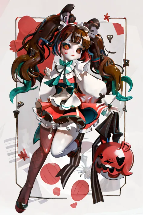 1GIRL, insane clown girl, finely detailed, (best quality), (intricate details), cute style, loli, jester style, multicolored, ((long brown hair in pigtails)), best quality, ((long sleeve shirt and shorts)), ((red and white clothes)), ((jester style clothes...