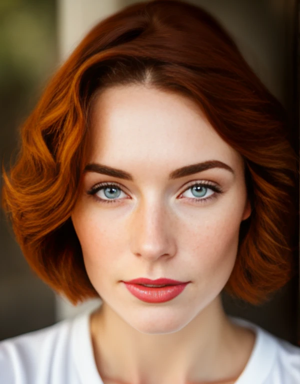 selfie, detailed and realistic portrait of a woman with a few freckles, redhair, long haircut, pale skin, round eyes and short messy hair shot outside, wearing a white t shirt, staring at camera, chapped lips, soft natural lighting, portrait photography, m...