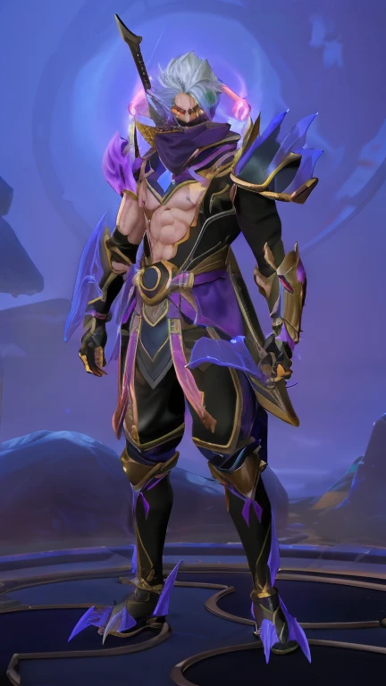 a close up of a person in a purple outfit with a sword, inspired by Huang Shen, obsidians skin, skinny male mage, male djinn man demon hybrid, inspired by Shen Zhou, young shadow mage male, djinn man male demon, sigma male, sleek purple armor, safijiiva ar...