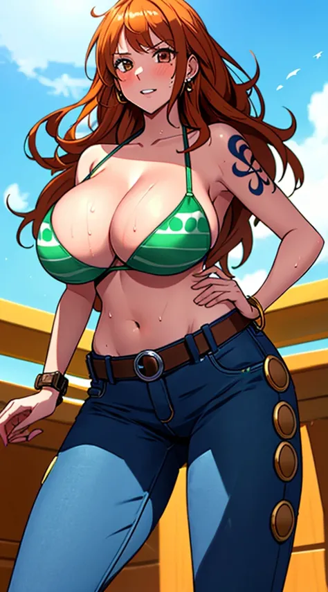 nami (one piece), 1girl, bangle, bangs, bare shoulders, belt, bikini, bikini top only, bracelet, breasts, brown eyes, bubble, cleavage, denim, earrings, floating hair, green belt, green bikini, groin, jeans, jewelry, (large breasts:1.9), big breast, long h...