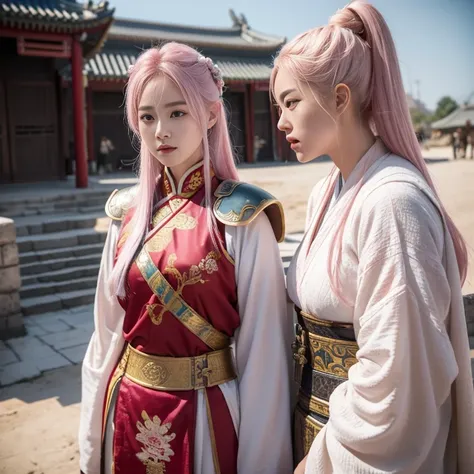 Ancient Chinese wars，Female general，Chinese woman，Wearing kai armor，Bleached pink hair，Charming eyes and good figure，Ancient scenes，heroic look