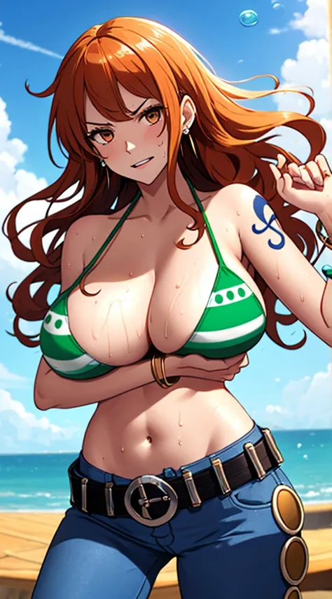 nami (one piece), 1girl, bangle, bangs, bare shoulders, belt, bikini, bikini top only, bracelet, breasts, brown eyes, bubble, cleavage, denim, earrings, floating hair, green belt, green bikini, groin, jeans, jewelry, (large breasts:1.9), big breast, long h...