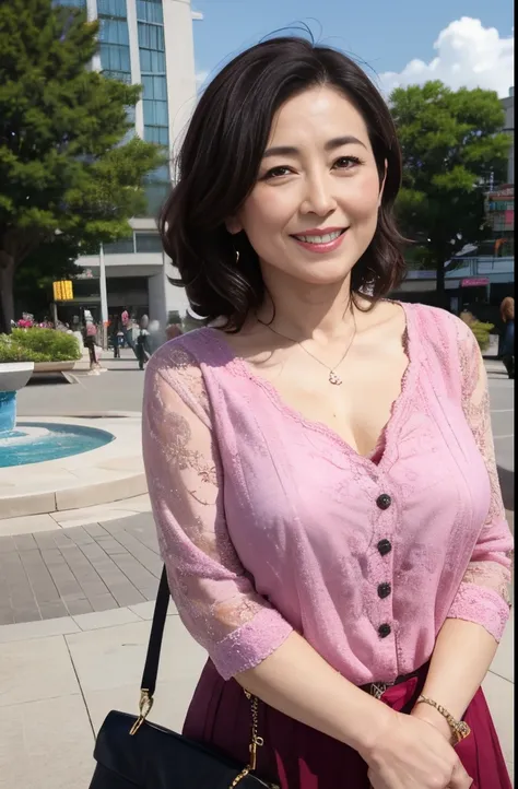 woman standing in front of a park fountain waiting for me..she has her hands behind her back and is holding a handbag.a woman we...