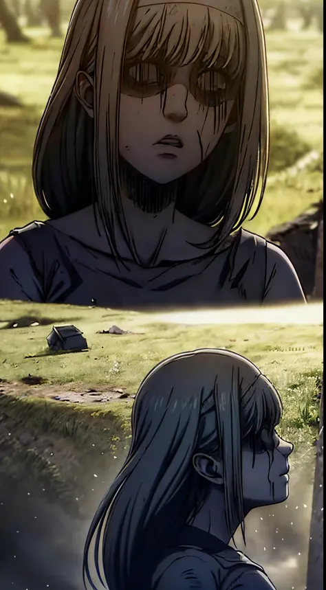 A girl with bright blue eyes and long silver hair, resembling Ymir Fritz, stands in the center of a desolate battlefield from the Attack on Titans series. She is dressed in a tattered cloak, her face marked with exhaustion and sorrow. The expression on her...