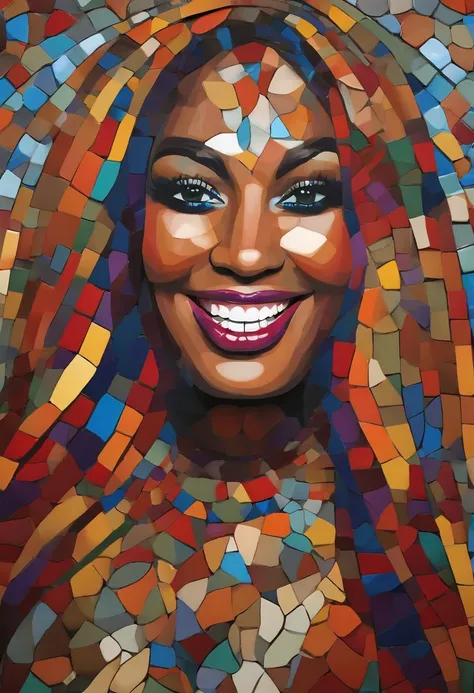 The image is of a colorful mosaic art piece,original,She is a woman. She likes to wear wigs that look realistic. She has a large nose. She is average looking. She is chubby. She always is smiling and likes to smile showing her teeth.