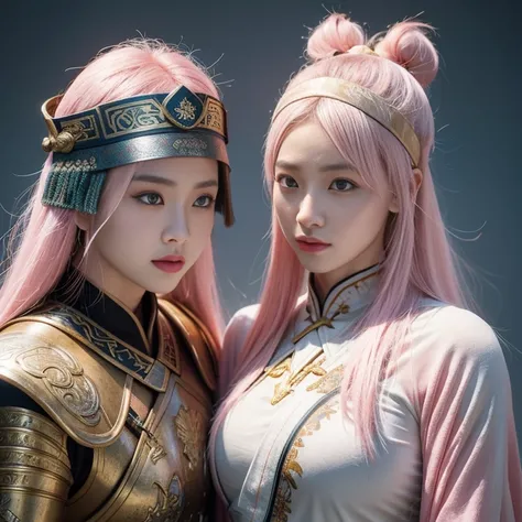 Ancient Chinese wars，Female general，Chinese woman，Wearing armor，Headband helmet bleached pink hair，Charming eyes and good figure，Ancient scenes，heroic look