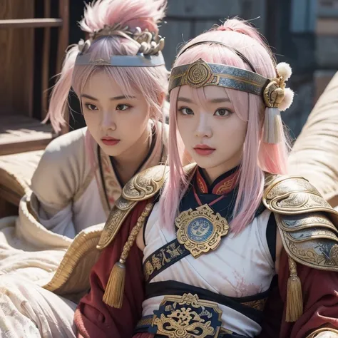 Ancient Chinese wars，Female general，Chinese woman，Wearing armor，Headband helmet bleached pink hair，Charming eyes and good figure，Ancient scenes，heroic look