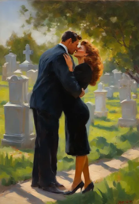 Sophia Loren as A buxom, 60 years old widow wearing a black dress and a young handsome coach man wearing breeches hugging and making out at a grave in a cemetery , painting by Adolphe Menzel