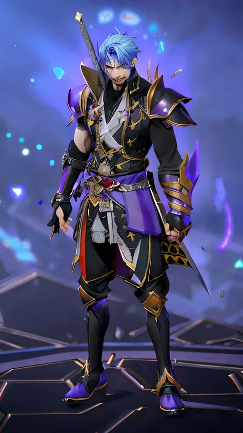 a close up of a person in a purple outfit with a sword, inspired by Huang Shen, obsidians skin, skinny male mage, male djinn man demon hybrid, inspired by Shen Zhou, young shadow mage male, djinn man male demon, sigma male, sleek purple armor, safijiiva ar...