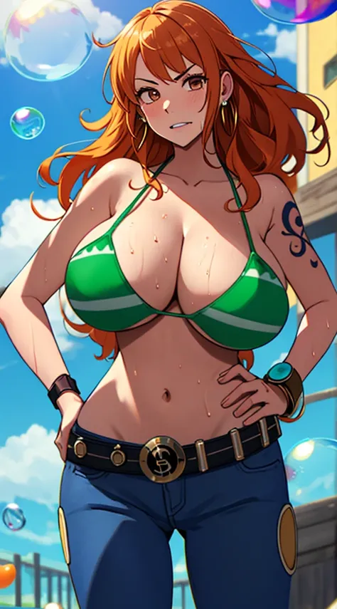 nami (one piece), 1girl, bangle, bangs, bare shoulders, belt, bikini, bikini top only, bracelet, breasts, brown eyes, bubble, cleavage, denim, earrings, floating hair, green belt, green bikini, groin, jeans, jewelry, (large breasts:1.9), (big breast:1.3), ...