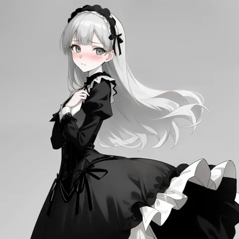 verd s eyes　Silvery long-haired　Gothic lolita　Lori　hightquality　a beauty girl　Best Quality　(masutepiece,Best Quality,Ultra-detailed),1girl in,Black Dress,(pale skin), Gothic Lolita costumes,Ruffled dress, beautiful and detailed face, Detailed eyes,Looking ...