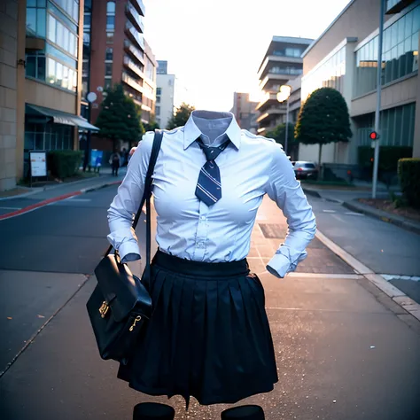 chubby, fat, school uniform, school tie, going home from school, school bag, (Swayback stance, Seductive pose), (invisible:1.5, no humans:1.5, headless:1.5, faceless:1.5), (cute big breasts), (8k, RAW photo, best quality, masterpiece:1.2), (realistic, phot...