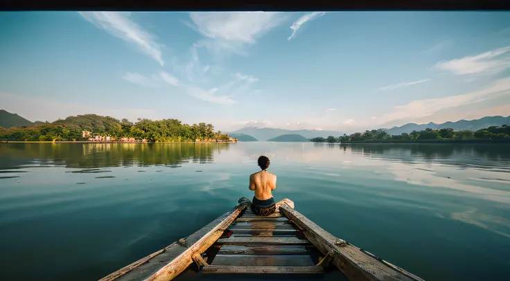 "Witness the calm and stillness of Bruce Lees meditation, set against a wide angle view of a peaceful lake, rendered with incredible detail and pastel hues."