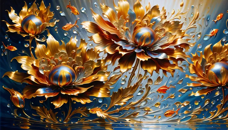 stunning oil painting of a mythical vibrant ornamentation flowers, steel coating silver and gold metallic_flower, in large aquarium, breathtaking contrast of light and shadow, glisten under a complex glow, mesmerizing glow that highlights the beauty of the...