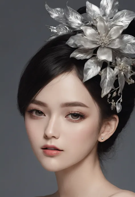 Masterpiece、best composition、Photorealsitic、A hyper-realistic、Metal Flowers、A beautiful girl with long black hair wears a ring made of beautiful shiny metal flowers on her head.、Close-up photo of hair ornaments、A large hair ornament with a silver sheen