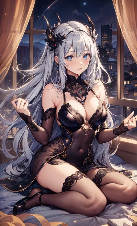 top-quality、Top image quality、tmasterpiece、girl ((Sixteen years old、medium chest circumference、obsessed、tempting pose、Breasts wide open,sliver long hair、micro-curly hair、charming body、Grand canyon、Transparent silver dress，Modern sexy clothing、Dragon Demon ...