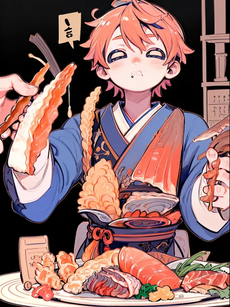 tmasterpiece, Best quality, The content is very detailed, detailedbackground, Detailed faces, 1 boy，Eat Japanese Sashimi，tempura，Exaggerated mouth tuna sashimi，Close her eyes，Copper pan，k hd，Clean common areas，multi-detail