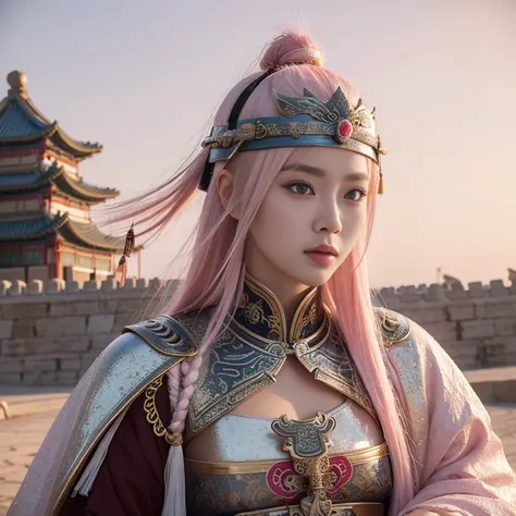 Ancient Chinese wars，Female general，Chinese woman，Wearing armor，Headband helmet bleached pink hair，Charming eyes and good figure，Ancient scenes，heroic look，Sword in hand，Body sexy seduction