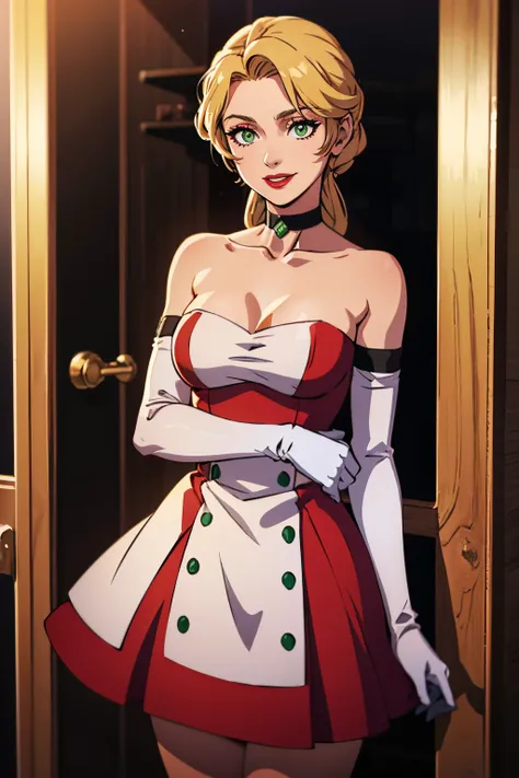 ingrid_timeskip, green eyes, red dress, strapless dress, long white elbow gloves, smile, light red lipstick, dark purple eye sha...