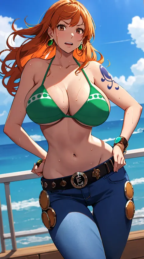 nami (one piece), 1girl, bangle, bangs, bare shoulders, belt, bikini, bikini top only, bracelet, breasts, brown eyes, bubble, cleavage, denim, earrings, floating hair, green belt, green bikini, groin, jeans, jewelry, (large breasts:1.9), (big breast:1.3), ...