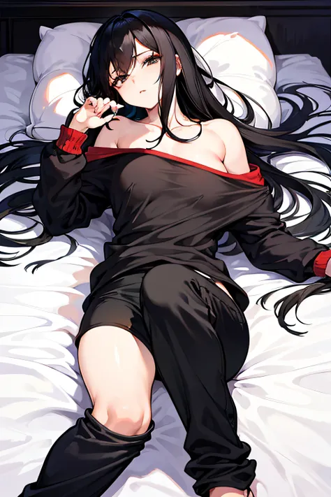 Lie down，girl，Black hair，long whitr hair，hair straight，Off-the-shoulder attire，long trousers，Be red in the face，Black eyes，Legs open，Hands close up，onbed，Half-exposed pubic hair，R-18，Half-off，is shy，seminude