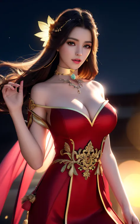 Best quality at best, tmasterpiece, A high resolution, 1个Giant Breast Girl,Chinese dress,hair adornments,choker necklace, jewely,pretty  face,above_body, dingdall effect,realisticlying, dark studio, edge lit, two color lights,(highdetailskin:1.2), 8k ultra...