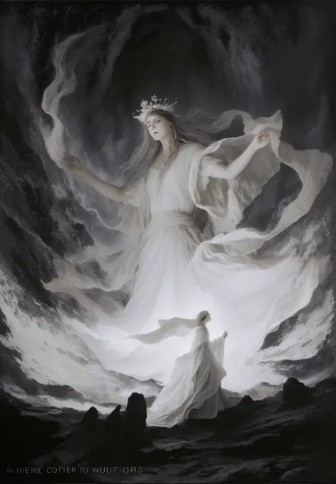 The painting shows a woman in a white dress standing in a dark cave, Holy Fire Spell Art, author：Hero, Ghost of the Fire Spirit, concept art of god, Flame incantation, concept art magical highlight, Holy Fire Crown Spell, Ominous fantasy illustration, by W...