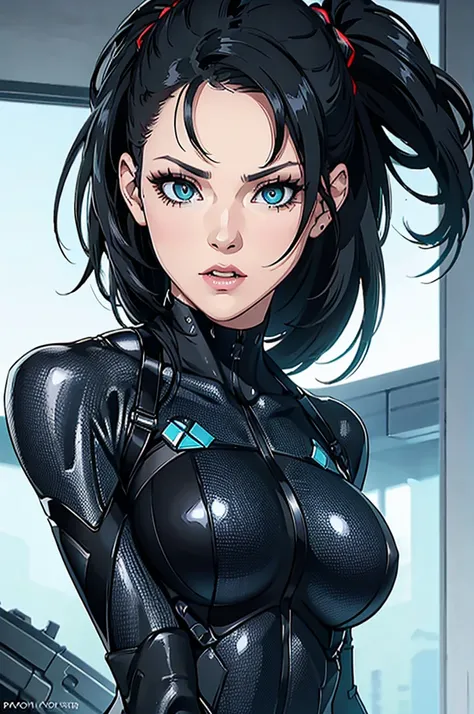 Peta Jensen, Ponytail black hairs, yeux turquoise, Makeup, Black crysis nanosuit, No background, High resolution, Ultra-pointu, 8k, Masterpiece,