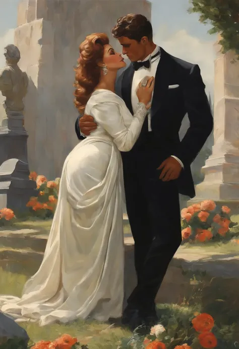 Sophia Loren as A buxom, 60 years old widow wearing a black dress and a young handsome coach man wearing breeches hugging and making out at a grave in a cemetery , painting by Adolphe Menzel